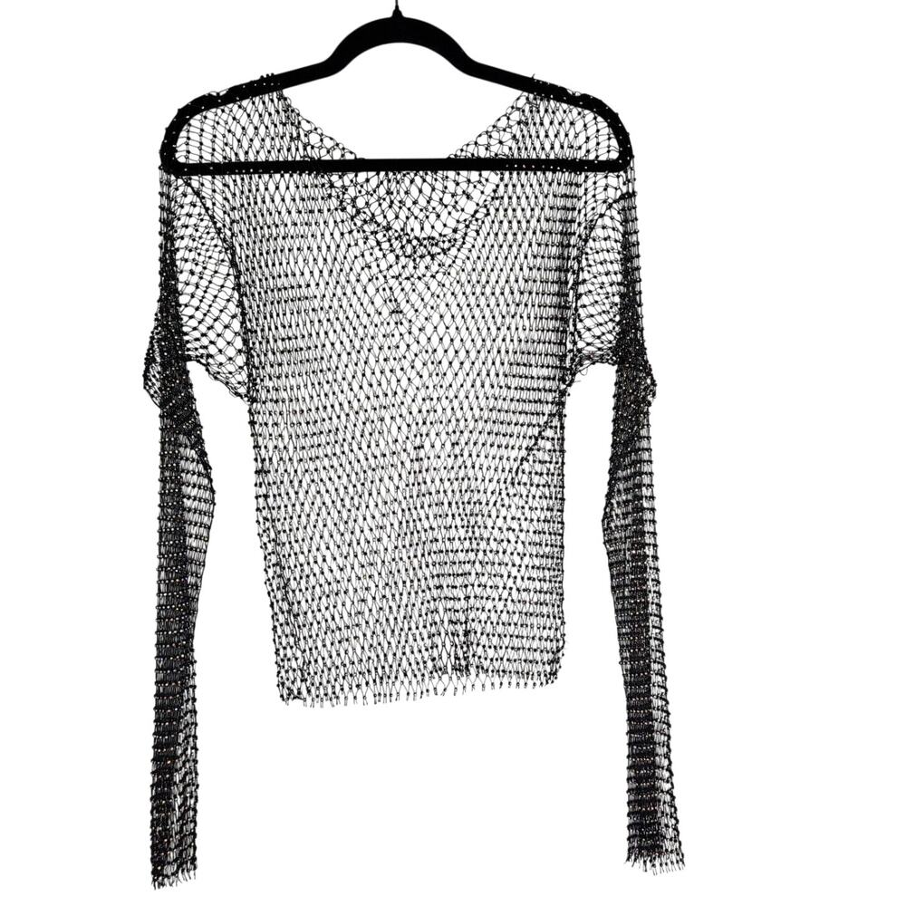Black Rhinestone Mesh Long Sleeve Blouse Fish net Evening Club Wear Women's